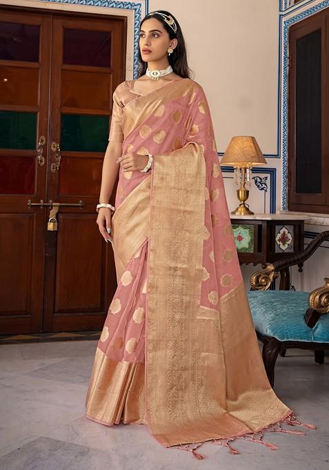 Peach Woven Design Organza Silk Saree Set