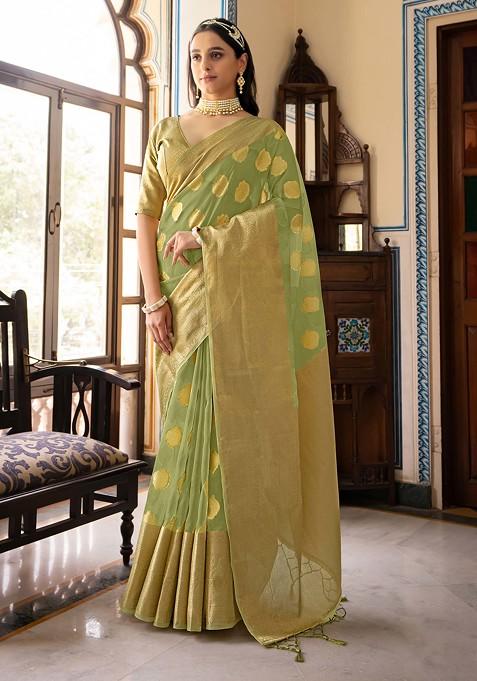 Light Green Woven Design Organza Silk Saree Set