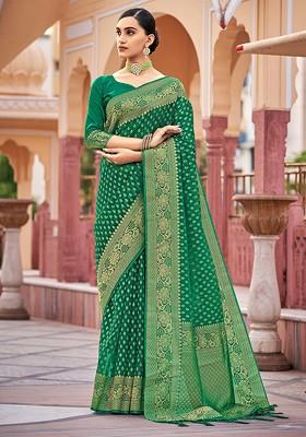 Green Woven Design Organza Silk Saree Set
