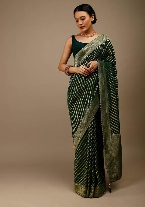 Dark Green Woven Design Banarasi Art Silk Saree Set