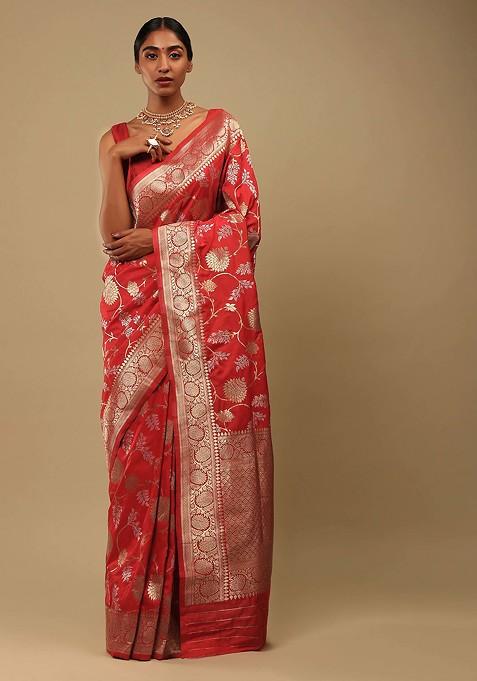 Pink Woven Design Banarasi Art Silk Saree Set