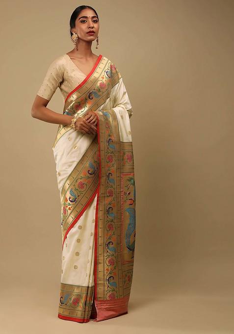 Off White Woven Design Banarasi Art Silk Saree Set