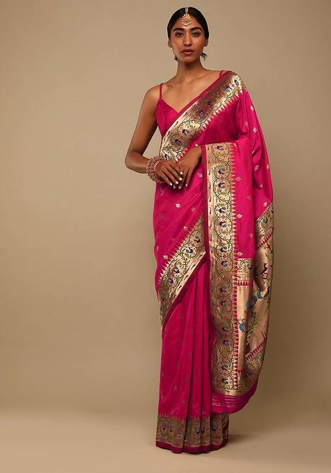 Pink Woven Design Banarasi Art Silk Saree Set