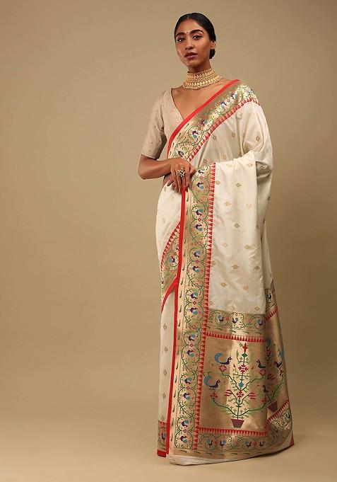 Off White Woven Design Banarasi Art Silk Saree Set