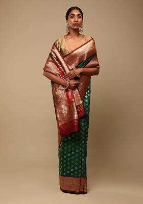 Deep Green Woven Design Banarasi Art Silk Saree Set