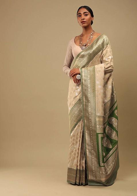 Beige Woven Design Banarasi Art Silk Saree Set