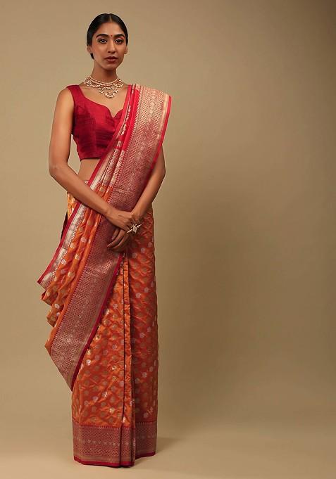 Orange Woven Design Banarasi Art Silk Saree Set