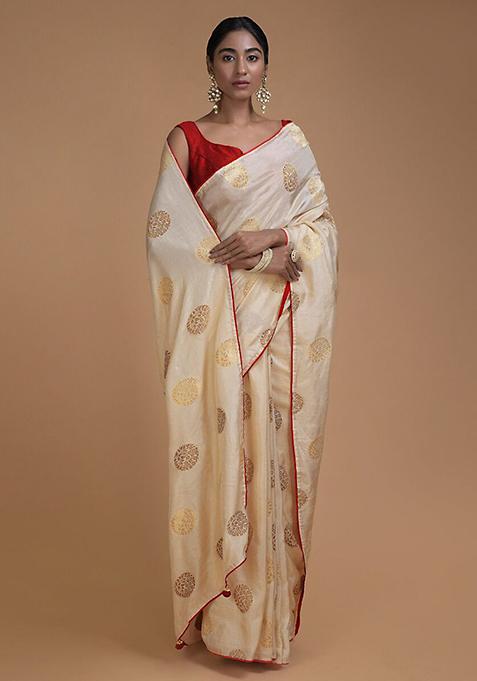 Off White Woven Design Banarasi Art Silk Saree Set