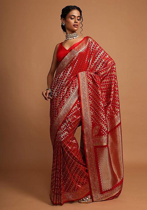 Red Woven Design Banarasi Art Silk Saree Set