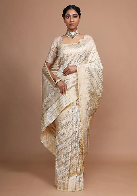 Cream Woven Design Banarasi Art Silk Saree Set