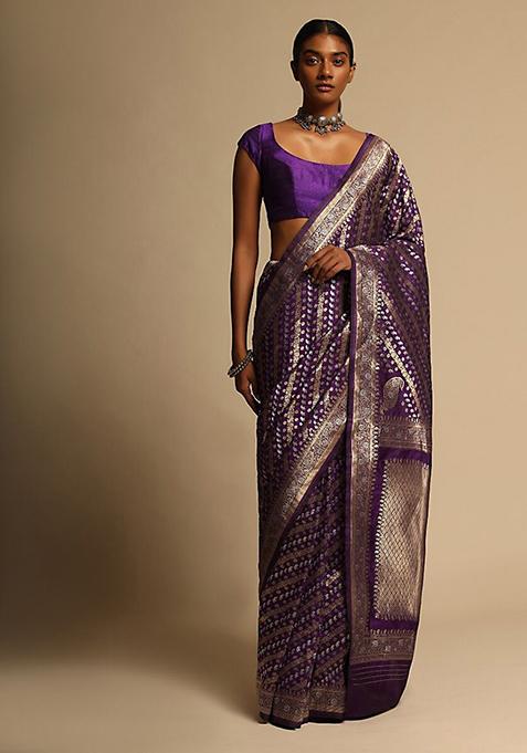 Purple Woven Design Banarasi Art Silk Saree Set