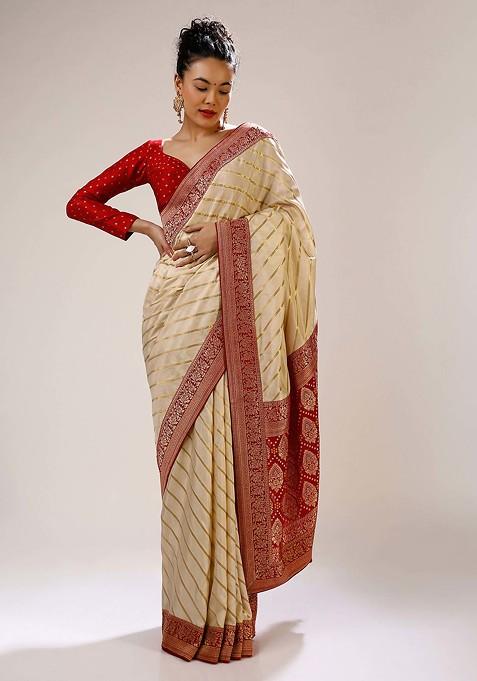 Off White Woven Design Banarasi Art Silk Saree Set