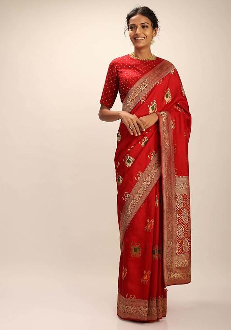 Red Woven Design Banarasi Art Silk Saree Set