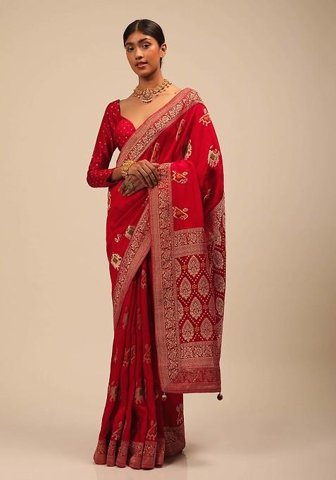 Red Woven Design Banarasi Art Silk Saree Set