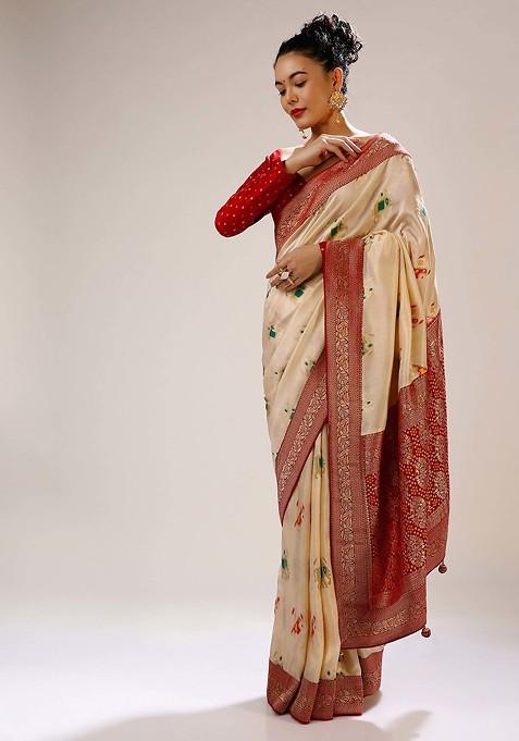 Off White Woven Design Banarasi Art Silk Saree Set