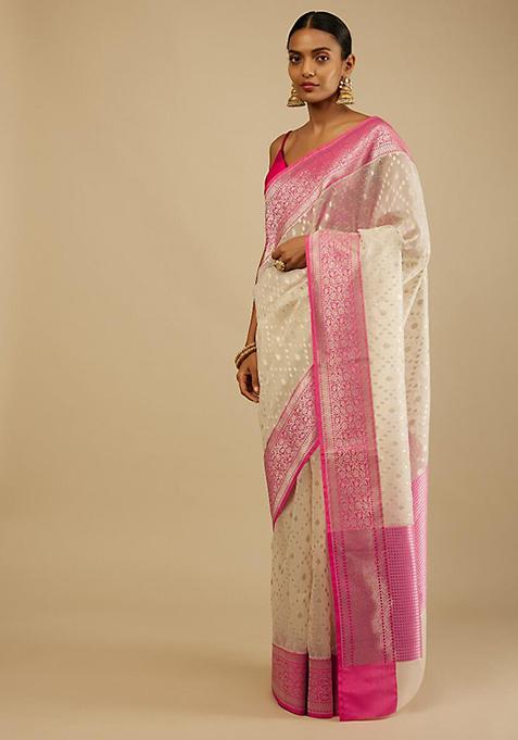 Off White Woven Design Banarasi Art Silk Saree Set