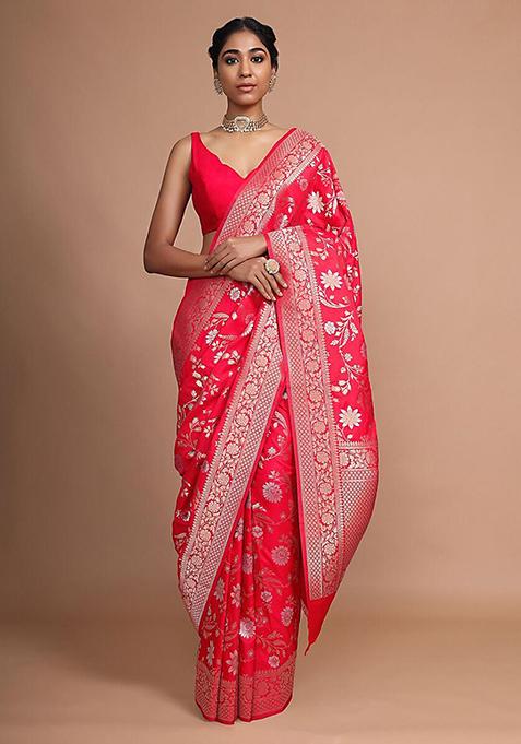 Red Woven Design Banarasi Art Silk Saree Set