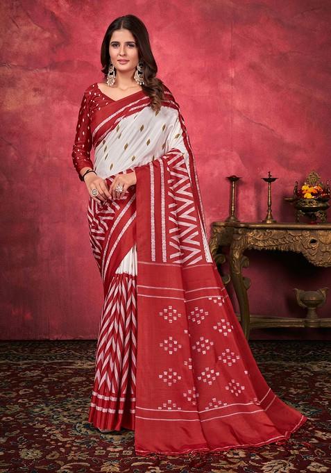 Red Printed Mysore Art Silk Saree Set