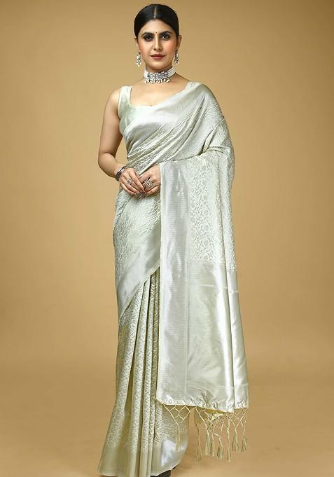 Light Grey Woven Design Banarasi Art Silk Saree Set