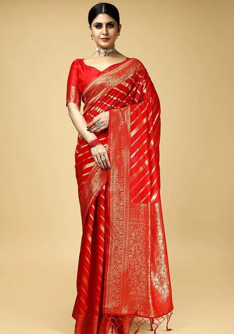 Red Woven Design Banarasi Art Silk Saree Set