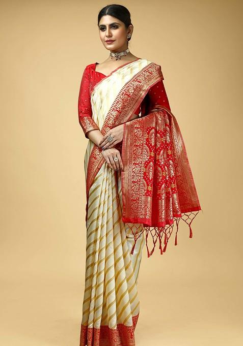 Cream Woven Design Banarasi Art Silk Saree Set