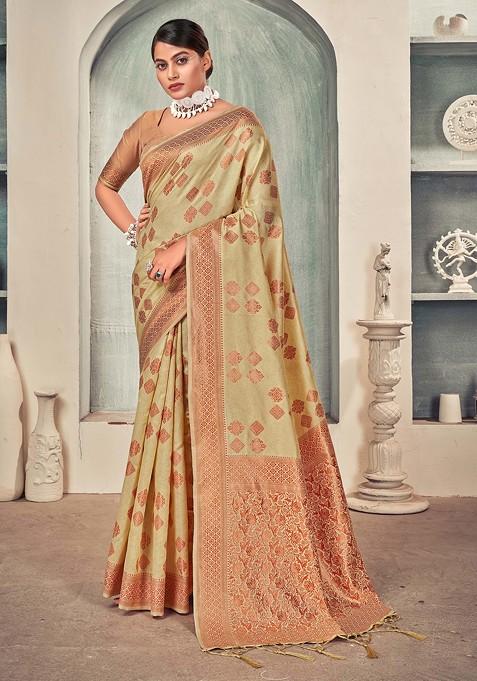 Light Yellow Woven Banarasi Art Silk Saree Set