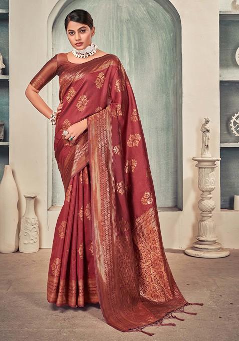 Maroon Woven Banarasi Art Silk Saree Set