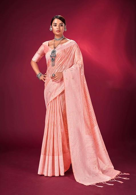 Peach Woven Banarasi Art Silk Saree Set