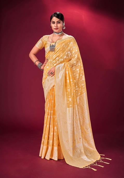 Yellow Woven Banarasi Art Silk Saree Set