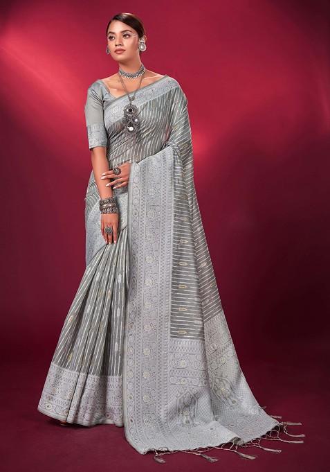 Grey Woven Banarasi Art Silk Saree Set