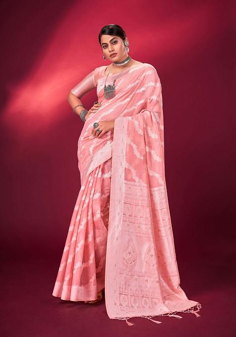 Pink Woven Banarasi Art Silk Saree Set