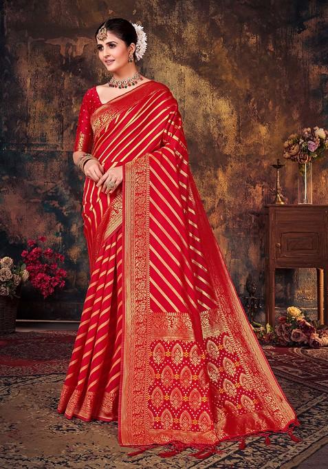 Red Woven Banarasi Art Silk Saree Set