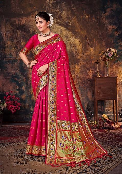 Pink Woven Banarasi Art Silk Saree Set