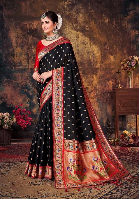 Black Woven Banarasi Art Silk Saree Set