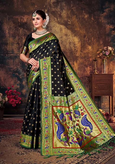 Black Woven Banarasi Art Silk Saree Set