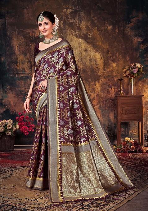 Purple Woven Banarasi Art Silk Saree Set