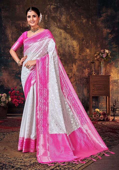 White And Pink Woven Banarasi Art Silk Saree Set