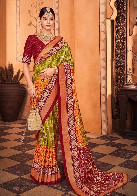 Green Foil Print Silk Cotton Saree Set