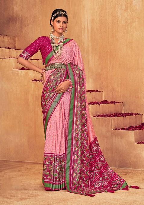 Pink Foil Print Cotton Silk Saree Set