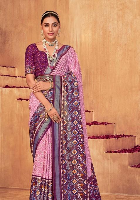 Pink Foil Print Silk Cotton Saree Set