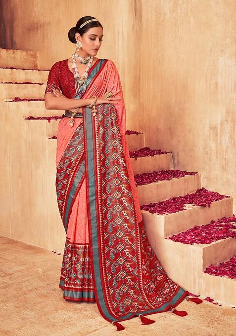 Peach Foil Print Cotton Silk Saree Set