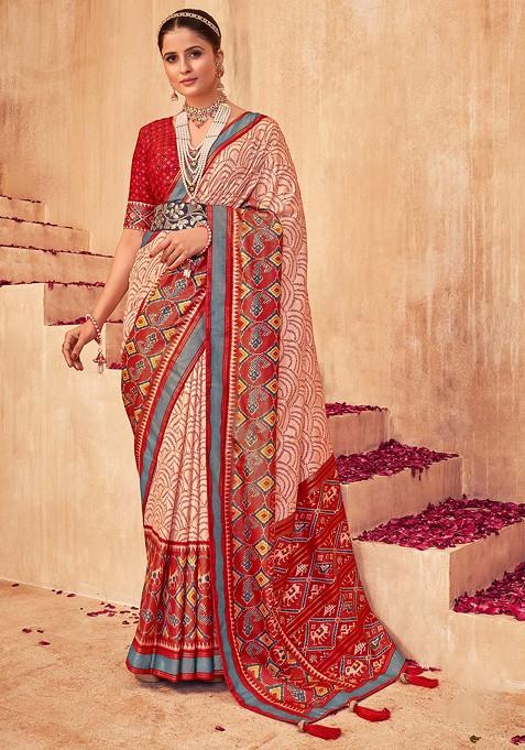 Peach Foil Print Silk Cotton Saree Set