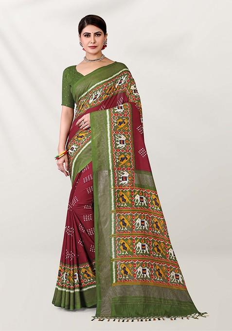 Maroon Foil Print Silk Cotton Saree Set