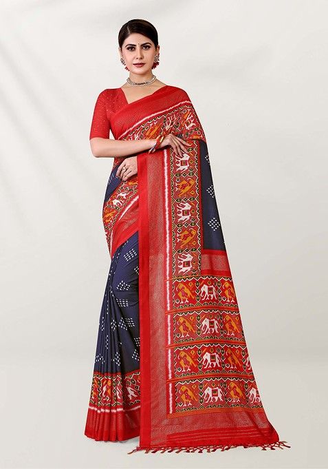 Blue Foil Print Silk Cotton Saree Set