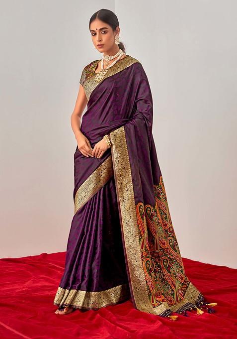 Purple Woven Design Work Banarasi Art Silk Saree Set