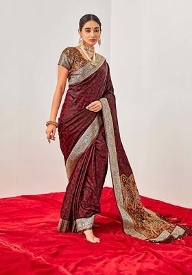Maroon Woven Design Work Banarasi Art Silk Saree Set