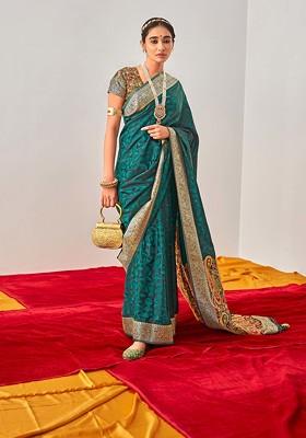 Teal Woven Design Work Banarasi Art Silk Saree Set
