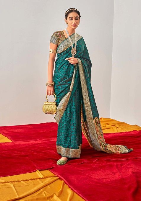 Teal Woven Design Work Banarasi Art Silk Saree Set