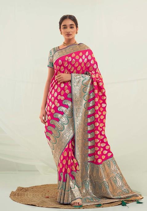 Pink Woven Design Work Banarasi Art Silk Saree Set