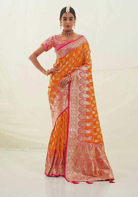 Orange Woven Design Work Banarasi Art Silk Saree Set